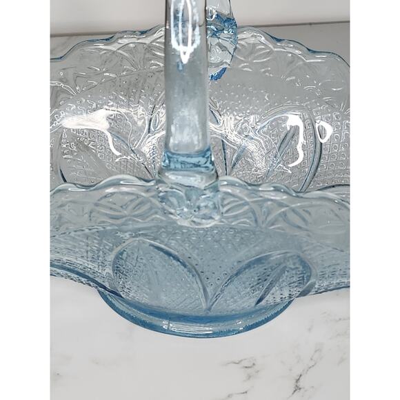 Fenton Blue Glass Basket with Handle – Daisy & Button / Starburst Pattern – - Picture 9 of 16